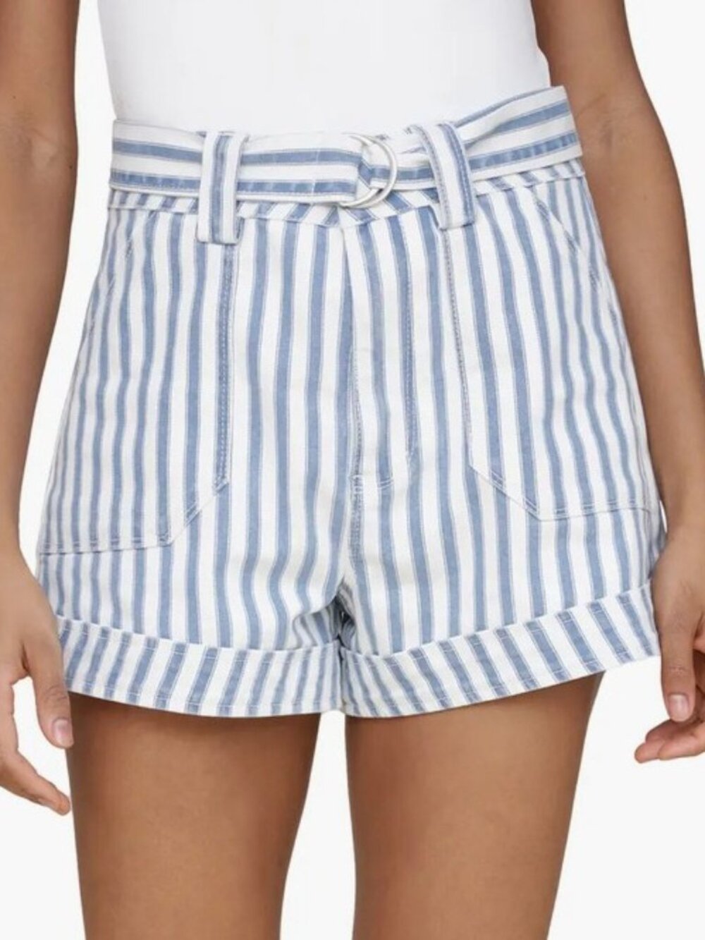 Avec Les Filles Stripe Belted Cuffed Cotton Blend Shorts Size 25 Blue White